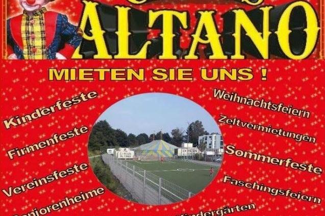 Plakat des Circus Altano mit einem Clown, der Veranstaltungen und Zeltvermietungen bewirbt, umgeben von bunten Hintergr&uuml;nden.