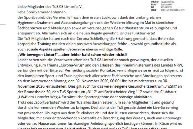 Pressmitteilung des TuS 08 Lintorf e.V. mit Informationen zu Sportbetrieb und Hygienema&szlig;nahmen w&auml;hrend der Pandemie.