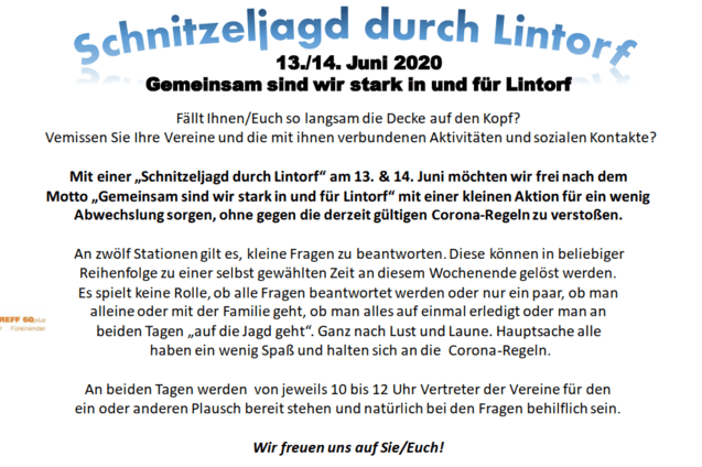 Flyer f&uuml;r eine Schnitzeljagd in Lintorf am 13./14. Juni 2020, mit Informationen zu Aktivit&auml;ten und Corona-Regeln.