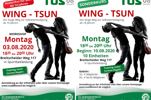 Zwei Plakate f&uuml;r einen Wing Tsun Workshop am 3. und Sonderkurs am 10. August 2020 in Lintorf, inklusive Trainingsinfos.