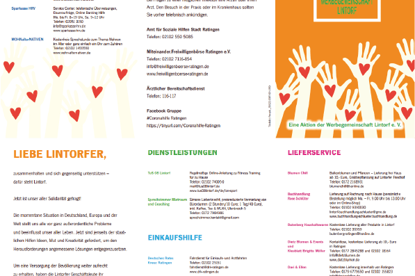 Informationsblatt der Werbegemeinschaft Lintorf mit Kontakt- und Beratungsangeboten sowie Restaurants und Dienstleistungen.