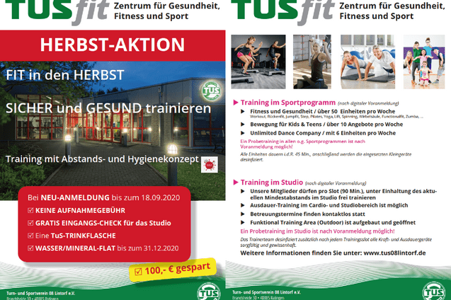 Informationsblatt zu einer Herbstaktion im TUSfit Fitnesszentrum, mit Hinweisen zu Angeboten und Hygienekonzepten.