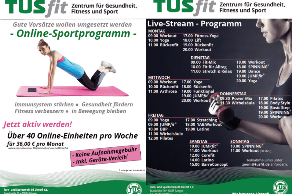 Informationsbrosch&uuml;re von TUSfit mit Angeboten f&uuml;r Online-Sportprogramme und Live-Stream-Kursen.