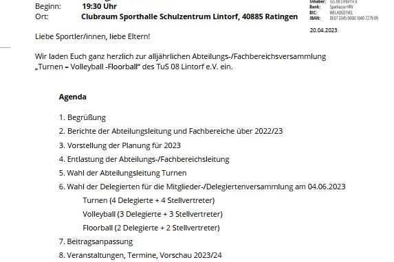 Einladung zur Abteilungsversammlung des TuS 08 Lintorf e.V. mit Agenda f&uuml;r Turnen, Volleyball und Floorball.