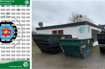 Landschaft mit zwei großen Abfallcontainern vor einem kleinen Vereinsgebäude mit dem Logo "TuS 08 Lintorf e.V.".