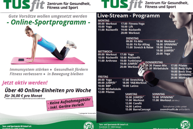 Informationsbrosch&uuml;re von TUSfit mit Angeboten f&uuml;r Online-Sportprogramme und Live-Stream-Kursen.