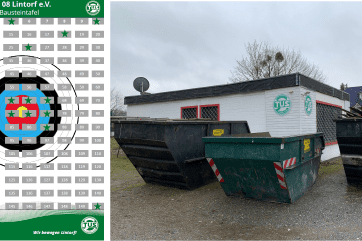 Landschaft mit zwei gro&szlig;en Abfallcontainern vor einem kleinen Vereinsgeb&auml;ude mit dem Logo "TuS 08 Lintorf e.V.".