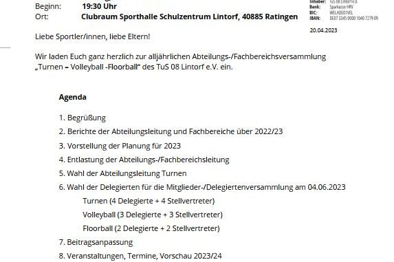 Einladung zur Abteilungsversammlung des TuS 08 Lintorf e.V. mit Agenda f&uuml;r Turnen, Volleyball und Floorball.