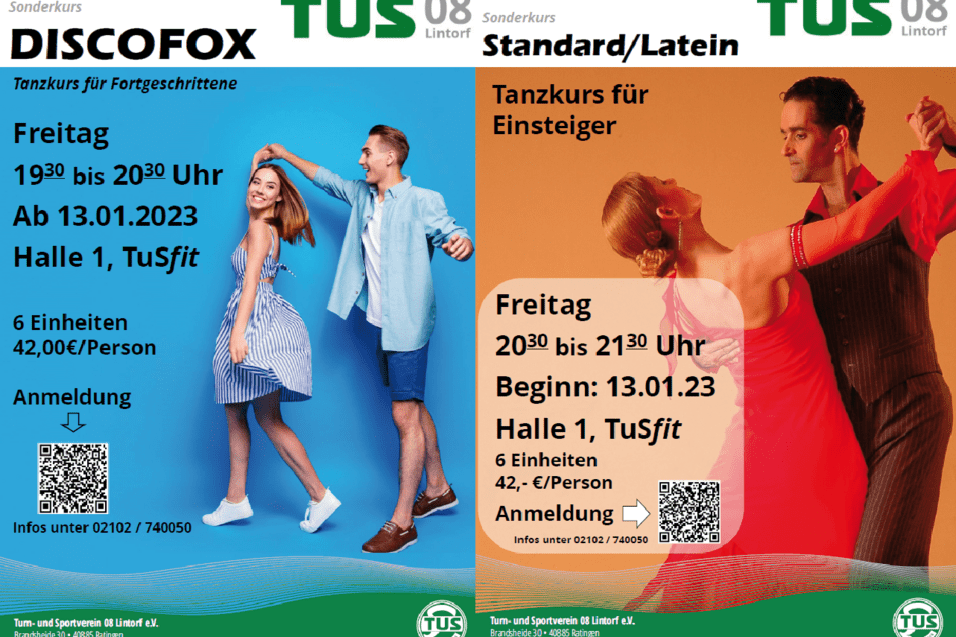 Zwei Tanzkurs-Ank&uuml;ndigungen f&uuml;r Discofox und Standard/Latin mit Details zu Zeiten, Preisen und Anmeldem&ouml;glichkeiten.