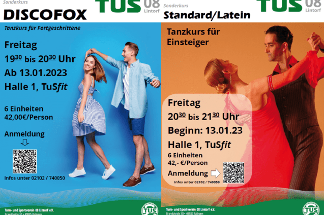 Zwei Tanzkurs-Ank&uuml;ndigungen f&uuml;r Discofox und Standard/Latin mit Details zu Zeiten, Preisen und Anmeldem&ouml;glichkeiten.