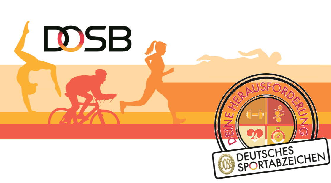 Logo des DOSB mit farbigen Sportmotiven und der Aufschrift &bdquo;Deine Herausforderung&ldquo; unter einem Sportabzeichen.