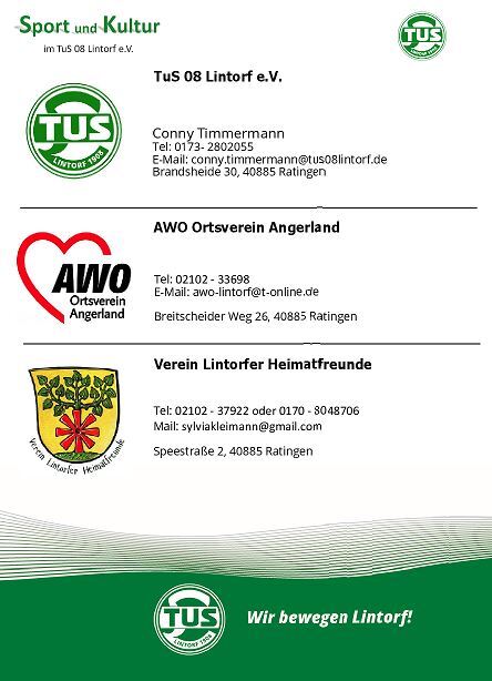 Kontaktinformationen mehrerer Vereine in Ratingen, darunter TuS 08 Lintorf e.V. und AWO Ortsverein Angerland.