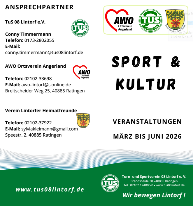 Kontaktinformationen f&uuml;r TuS 08 Lintorf, AWO Ortsverein und Heimatfreunde, Veranstaltungs&uuml;bersicht von M&auml;rz bis Juni 2026.
