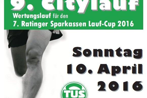 Plakat für den 9. Citylauf in Lintorf am 10. April 2016 mit informativen Details zum Lauf und Anmeldemöglichkeiten.