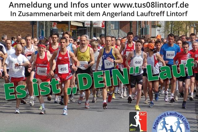 Teilnehmer des 10. Citylaufs Lintorf rennen auf der Stra&szlig;e, umgeben von Zuschauern und Sponsorenlogos. Veranstaltungshinweise im unteren Bereich.