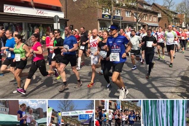 L&auml;ufer in bunten Outfits starten bei einem Stra&szlig;enlauf durch eine belebte Stra&szlig;e an einem sonnigen Tag.