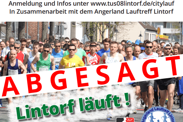 Plakat f&uuml;r den 13. Citylauf Lintorf mit vielen L&auml;ufern, Datum und Informationen, sowie Hinweis auf Absage des Events.