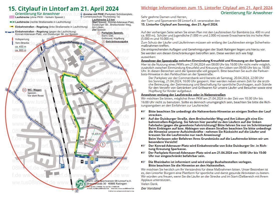 Stadtplan f&uuml;r den Citylauf in Lintorf am 21. April 2024 mit Markierungen f&uuml;r die Strecke und wichtige Informationen.