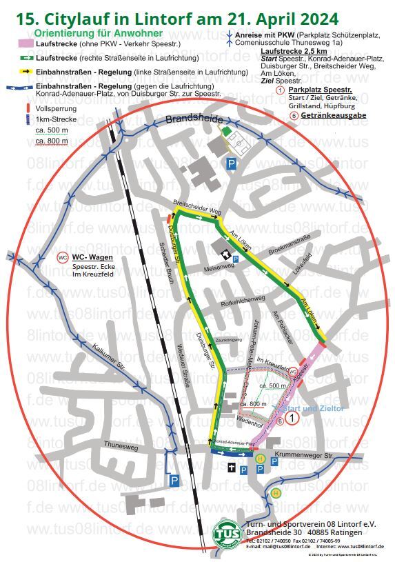 Karte des 15. Citylaufs in Lintorf am 21. April 2024 mit Streckenf&uuml;hrung und Regeln f&uuml;r Anwohner.