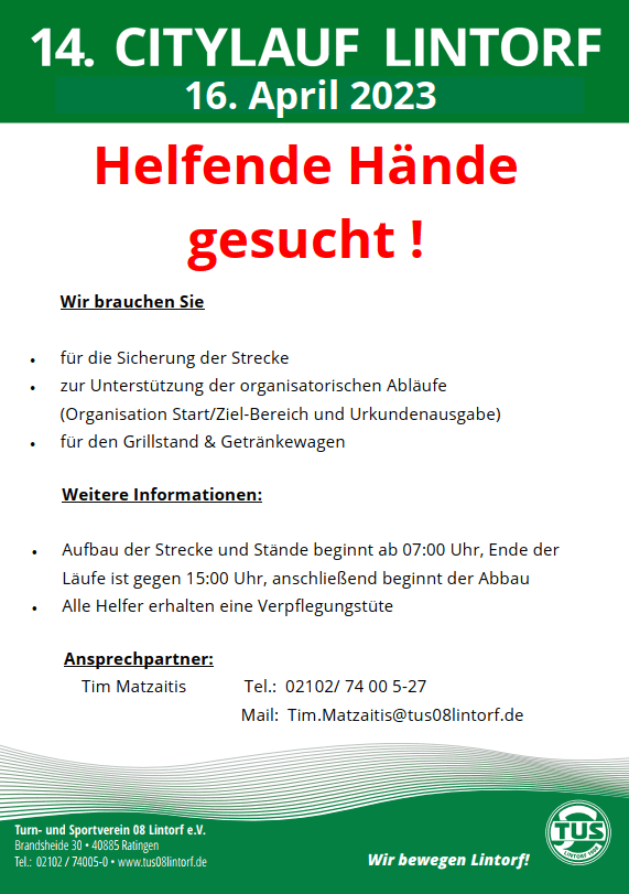 Plakat für den 14. Citylauf Lintorf am 16. April 2023, Aufruf zur Helfersuche mit Kontaktdaten und Informationen.