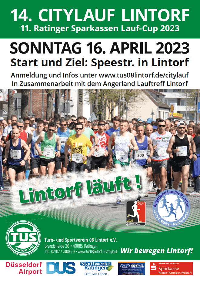 Gruppierung von Läufern beim Citylauf in Lintorf, mit Banner und Informationen über den Wettbewerb im Hintergrund.
