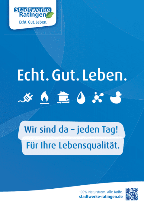 Logo der Stadtwerke Ratingen mit Slogan &bdquo;Echt. Gut. Leben.&ldquo; und Icons f&uuml;r Energie, Wasser und Lebensqualit&auml;t.