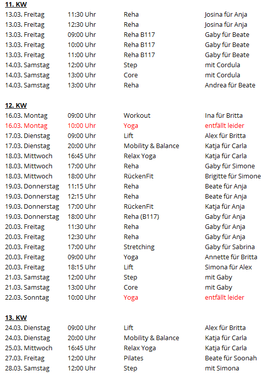 Kalender mit Terminen f&uuml;r Reha und Fitnesskurse von 11. bis 13. KW, einschlie&szlig;lich Zeiten und Teilnehmern.