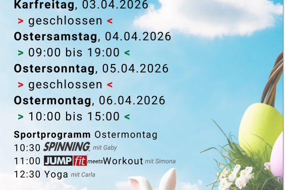 &Ouml;ffnungszeiten des TUSfit Zentrums f&uuml;r Ostern 2026 mit Programminformationen und einem Hasen in der Ecke.