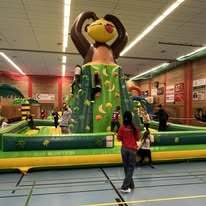 Kinder spielen auf einer gro&szlig;en, aufblasbaren Kletterwand mit Affenmotiv in einer Sporthalle.