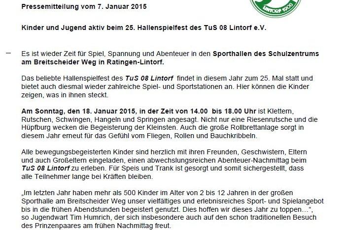 Pressemitteilung des TuS 08 Lintorf &uuml;ber das 25. Hallenspielest am 18. Januar 2015 in Ratingen-Lintorf.