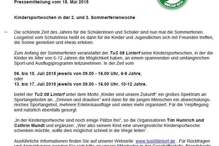 Pressemitteilung von TuS 08 Lintorf &uuml;ber Kindersportwochen in den Sommerferien mit Terminen und Kontaktdaten.