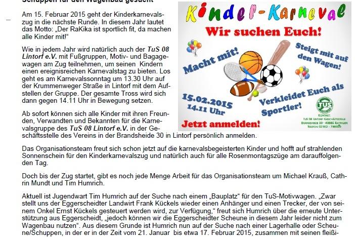 Pressemitteilung des TuS 08 Lintorf &uuml;ber den Kinderkarnevalszug mit Infos zur Teilnahme und Bed&uuml;rfnissen f&uuml;r den Wagenbau.