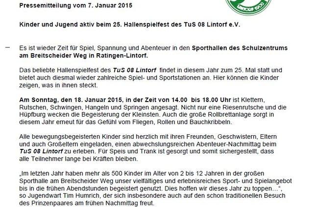 Pressemitteilung des TuS 08 Lintorf &uuml;ber das 25. Hallenspielest am 18. Januar 2015 in Ratingen-Lintorf.