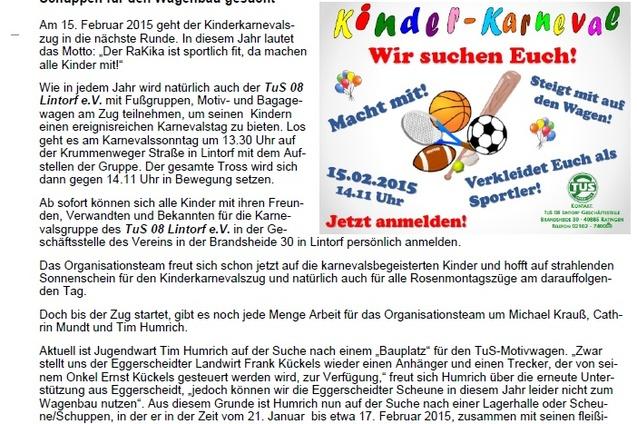 Pressemitteilung des TuS 08 Lintorf &uuml;ber den Kinderkarnevalszug mit Infos zur Teilnahme und Bed&uuml;rfnissen f&uuml;r den Wagenbau.
