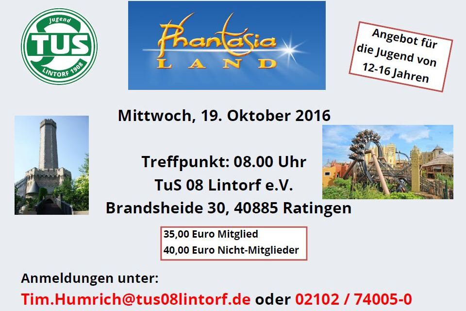 Info-Plakat f&uuml;r einen Ausflug ins Phantasialand mit Details zu Datum, Treffpunkt und Preisen.