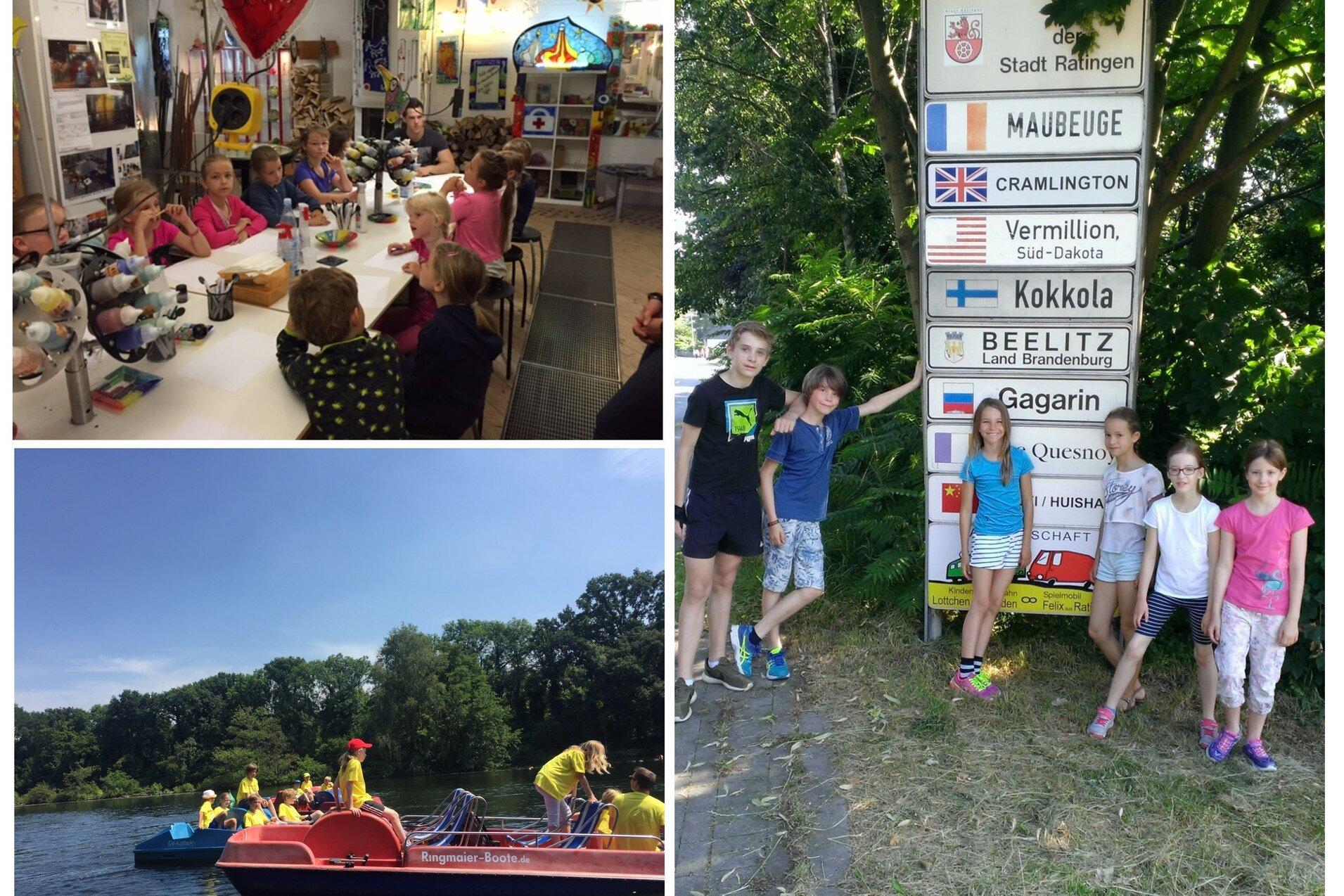 Collage von Kindern in verschiedenen Aktivitäten: Sportler mit Urkunden, Basteln, Boot fahren und an einem Wegweiser.