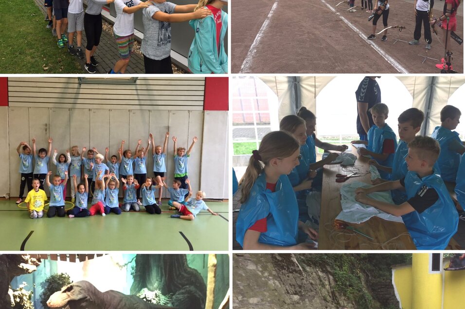 Verschiedene Aktivit&auml;ten von Kindern: ein blinder Parcours, Tennis, Gruppenspiele in der Halle, Basteln, Dino-Ausstellung und Bootfahren.