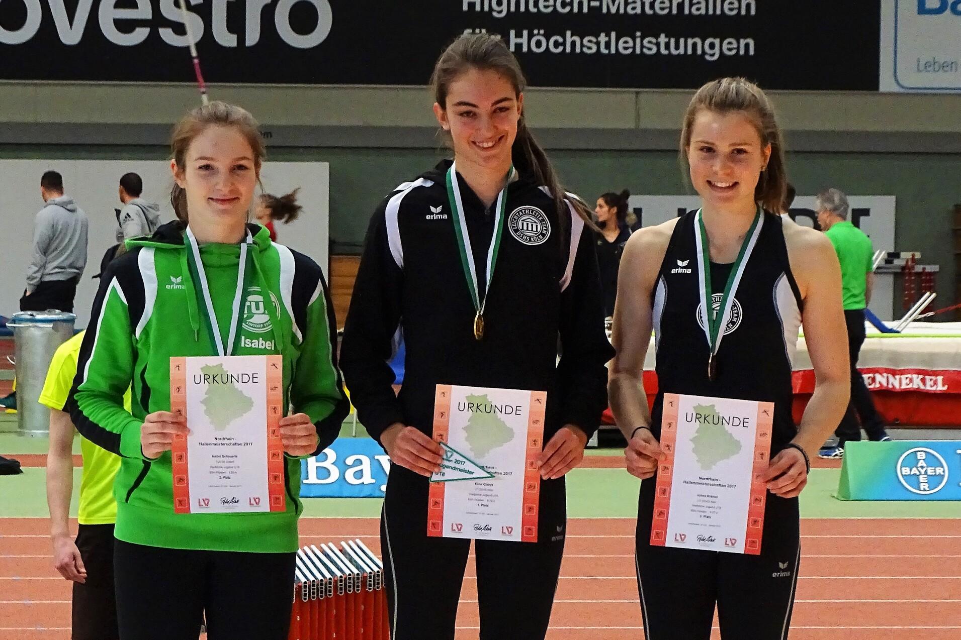 Drei junge Athletinnen mit Urkunden und Medaillen in Sportkleidung stehen lächelnd auf einem Wettkampfgelände.