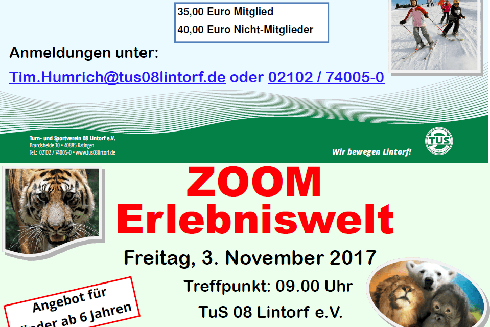 Zwei Veranstaltungshinweise des TuS 08 Lintorf, einschließlich Aktivitäten wie Snowboarden und Zoo-Erlebnisse.