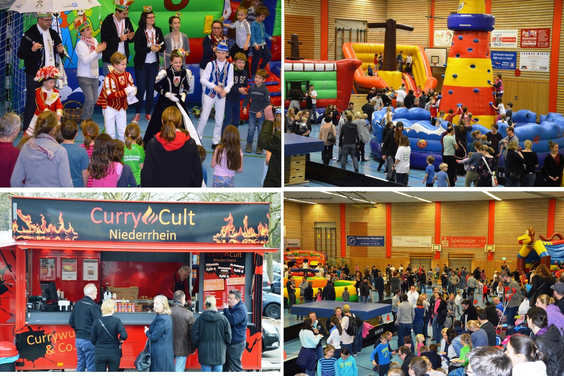 Vielfältige Veranstaltung: Bühnenauftritt, Hüpfburg und Essensstand mit Menschen in erhöhter Aktivität.