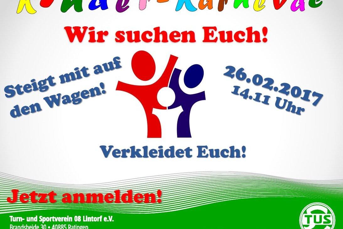Bunte Ankündigung für Kinderkarneval mit Datum, Uhrzeit und Aufforderung zur Anmeldung. Grafiken von Kindern in Kostümen.