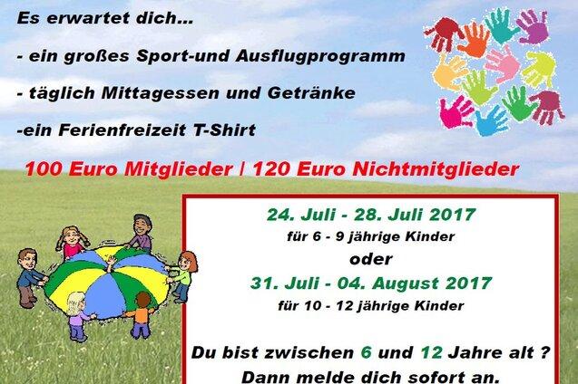 Bunt gestaltetes Plakat f&uuml;r eine Ferienfreizeit mit Infos zu Programminhalten und Terminen f&uuml;r Kinder von 6 bis 12 Jahren.