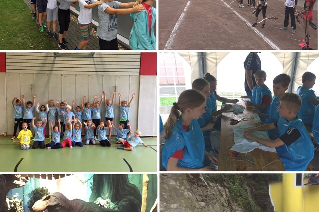 Verschiedene Aktivit&auml;ten von Kindern: ein blinder Parcours, Tennis, Gruppenspiele in der Halle, Basteln, Dino-Ausstellung und Bootfahren.