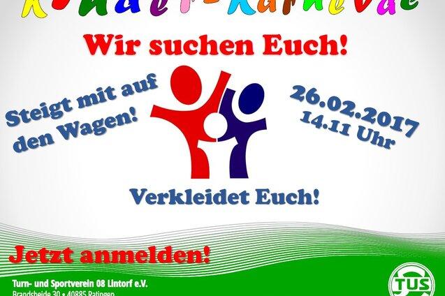 Bunte Ank&uuml;ndigung f&uuml;r Kinderkarneval mit Datum, Uhrzeit und Aufforderung zur Anmeldung. Grafiken von Kindern in Kost&uuml;men.