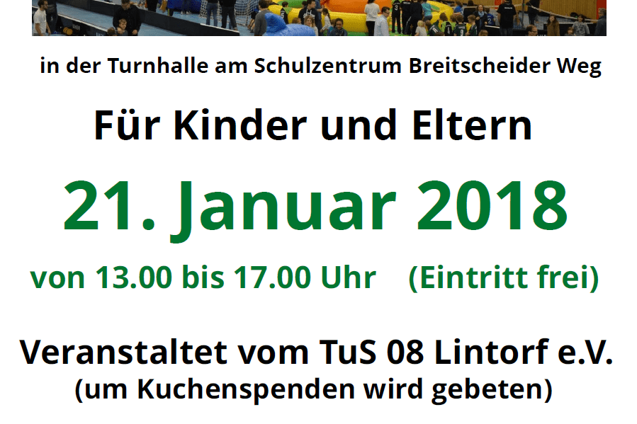 Buntes Hallenspielfest mit H&uuml;pfburgen und vielen Kindern in einer Turnhalle, Datum und Infos in gro&szlig;er Schrift.