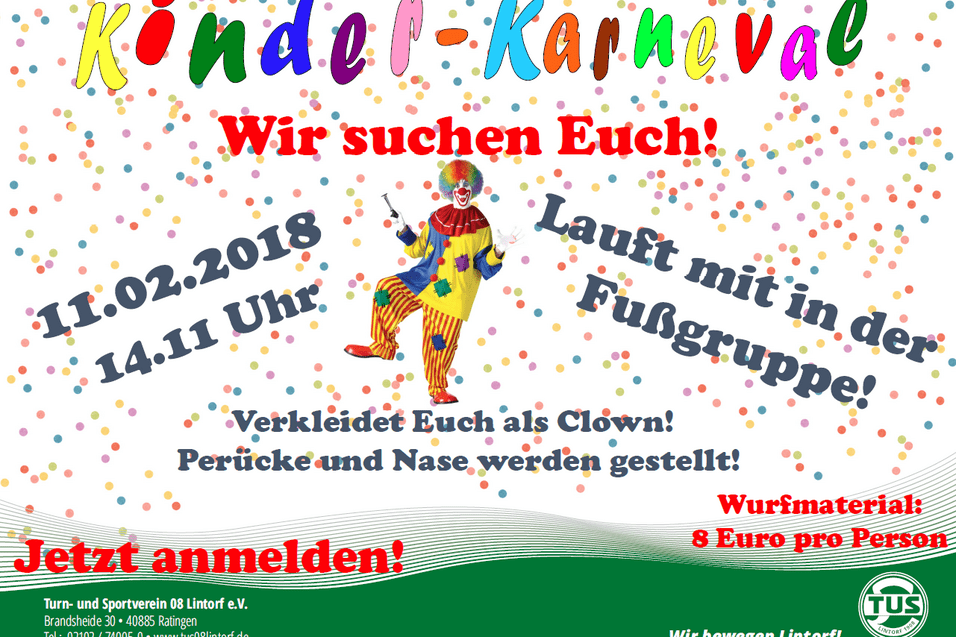 Buntes Karnevalsposter f&uuml;r Kinder mit Clown, Datum, Uhrzeit und Anmeldedetails, um an einem Umzug teilzunehmen.