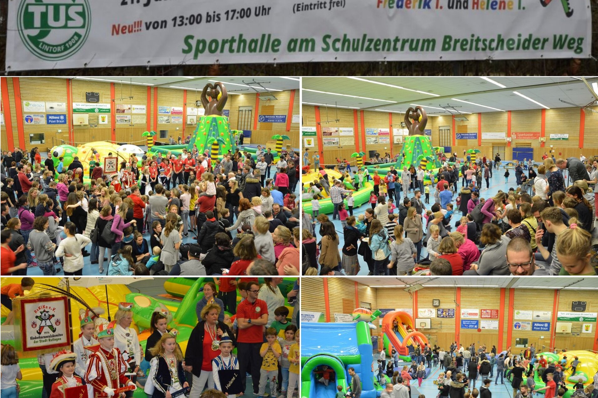 Blick auf das Lintorfer Hallenspiel fest mit vielen Besuchern, H&uuml;pfburgen und einem Banner in einer Sporthalle.