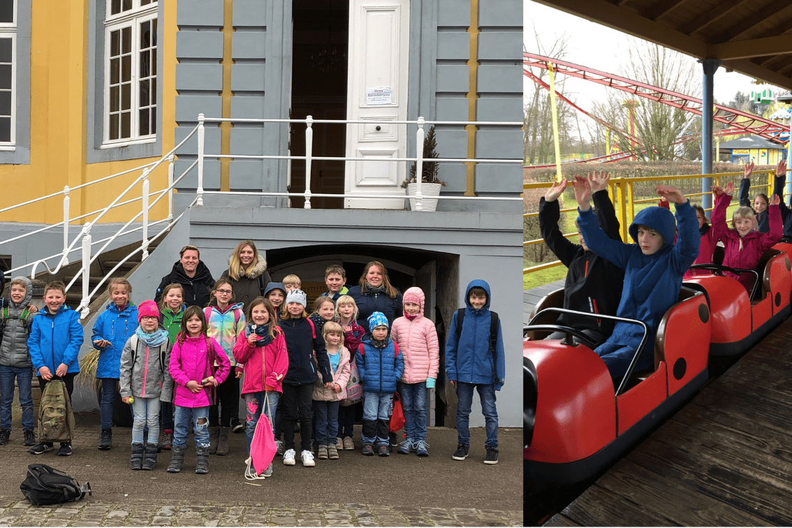 Gruppe von Kindern in bunten Jacken vor einem Gebäude und beim Fahren in einer Achterbahn im Freizeitpark.