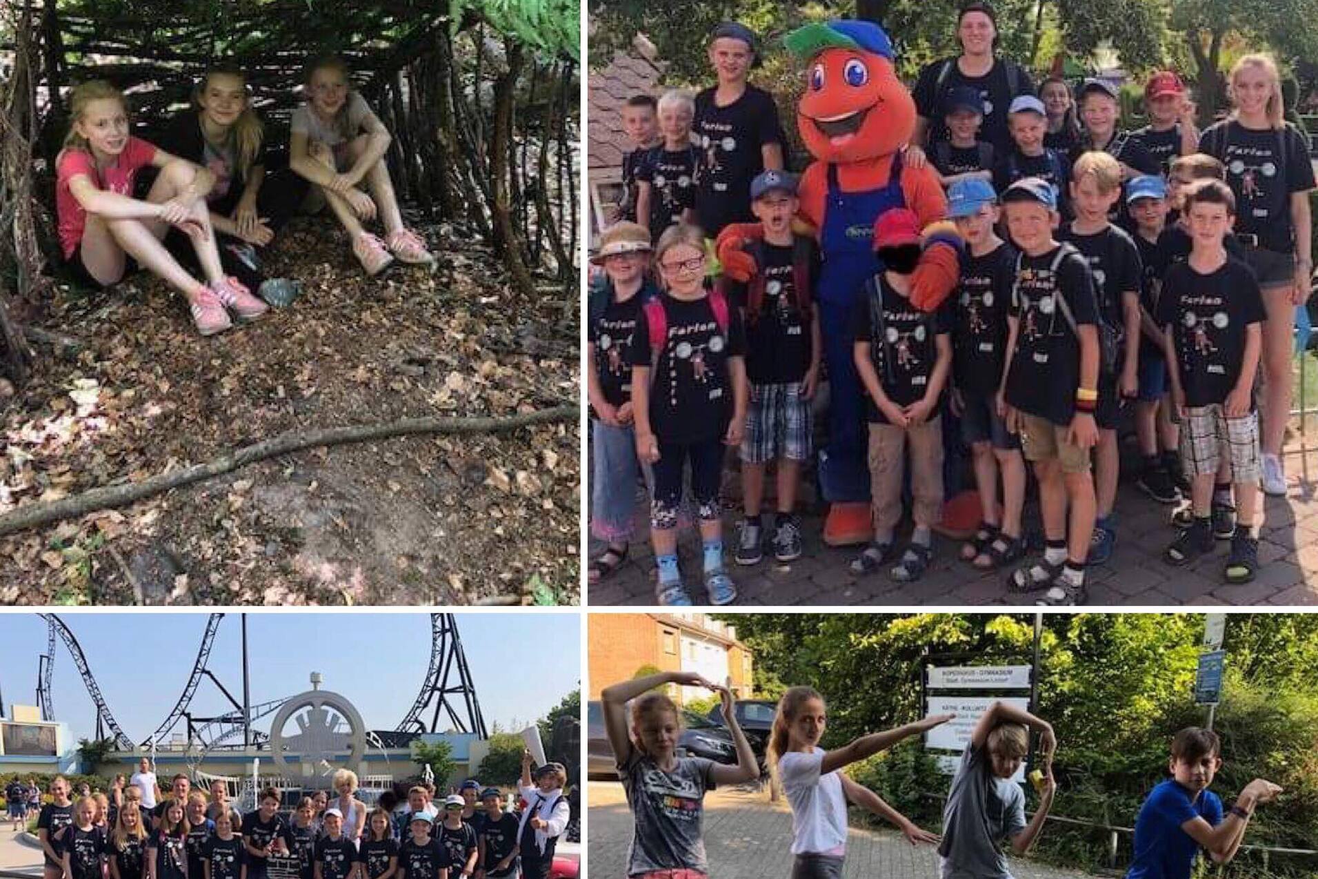 Verschiedene Szenen von Kindern: Im Spiel, mit einem Maskottchen und bei einer Gruppenaktivit&auml;t im Freien.