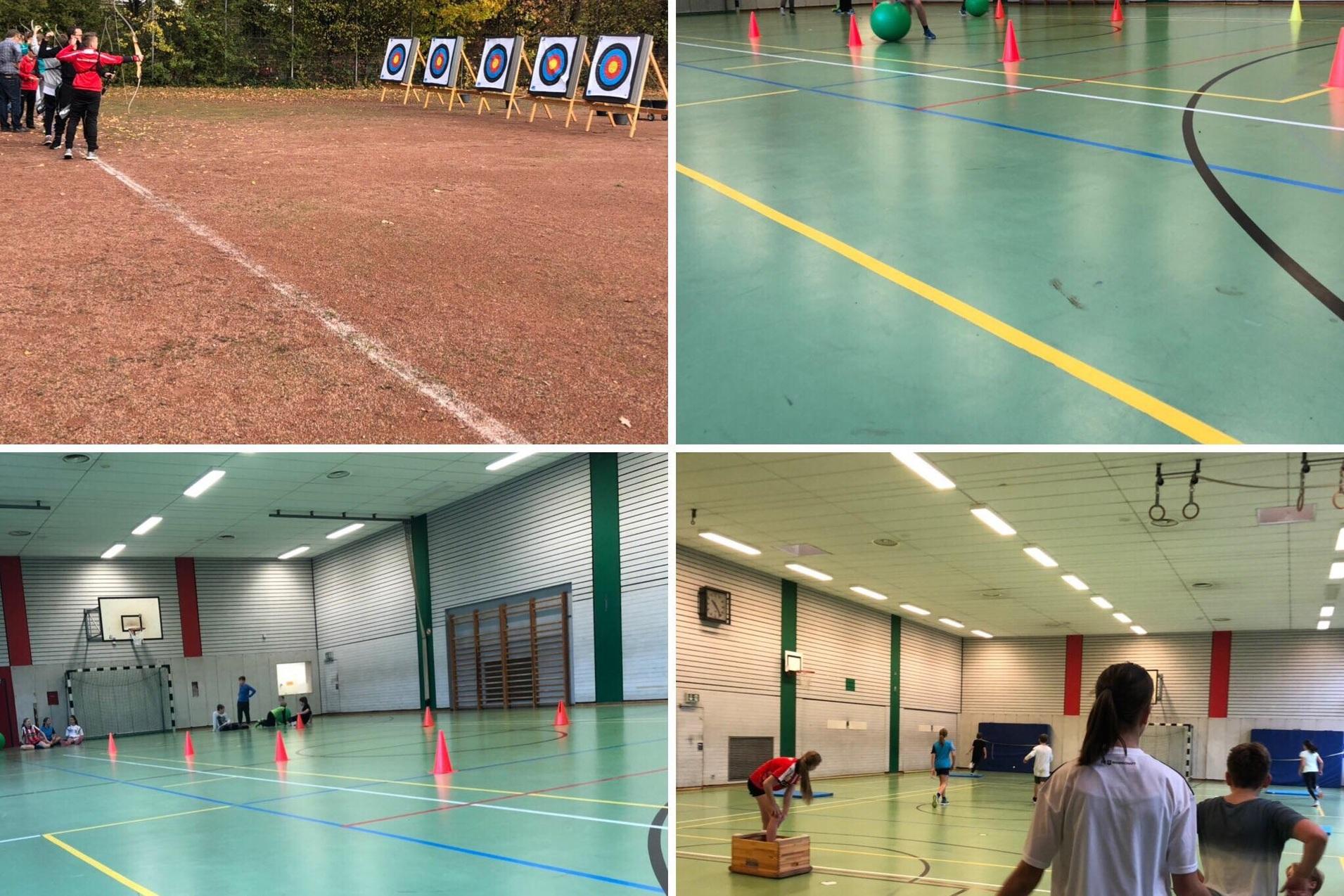 Sportliche Aktivit&auml;ten in zwei Bereichen: Bogenschie&szlig;en im Freien und Bewegungs&uuml;bungen in einer Turnhalle.